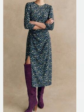 Sezane Dark Navy Floral Long Sleeve Midi Dress